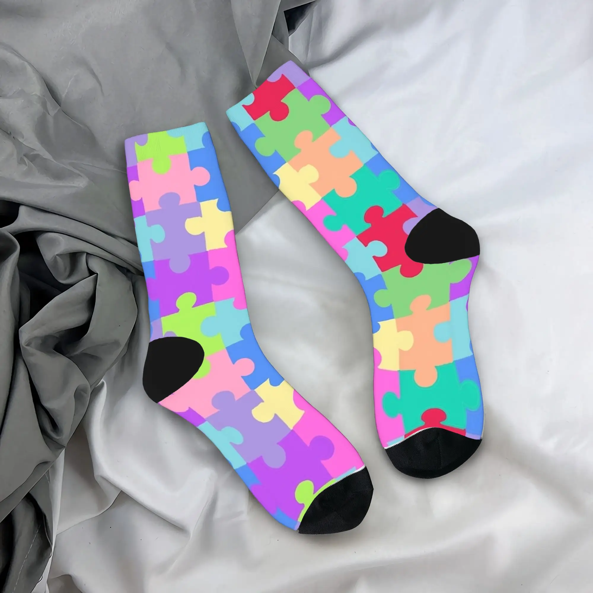 

Pastel Candy Autism Awareness Puzzle Socks Fashion Stockings Autumn Anti Sweat Men Socks Medium Soft Design Outdoor Sports Socks