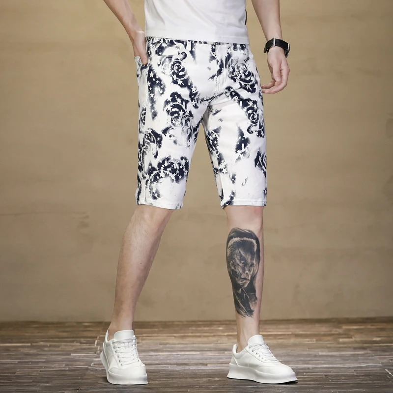 Summer Thin Denim Shorts Men White Digital XINGX Printed Stretch Slim Straight Personal Leisure Cropped Pants