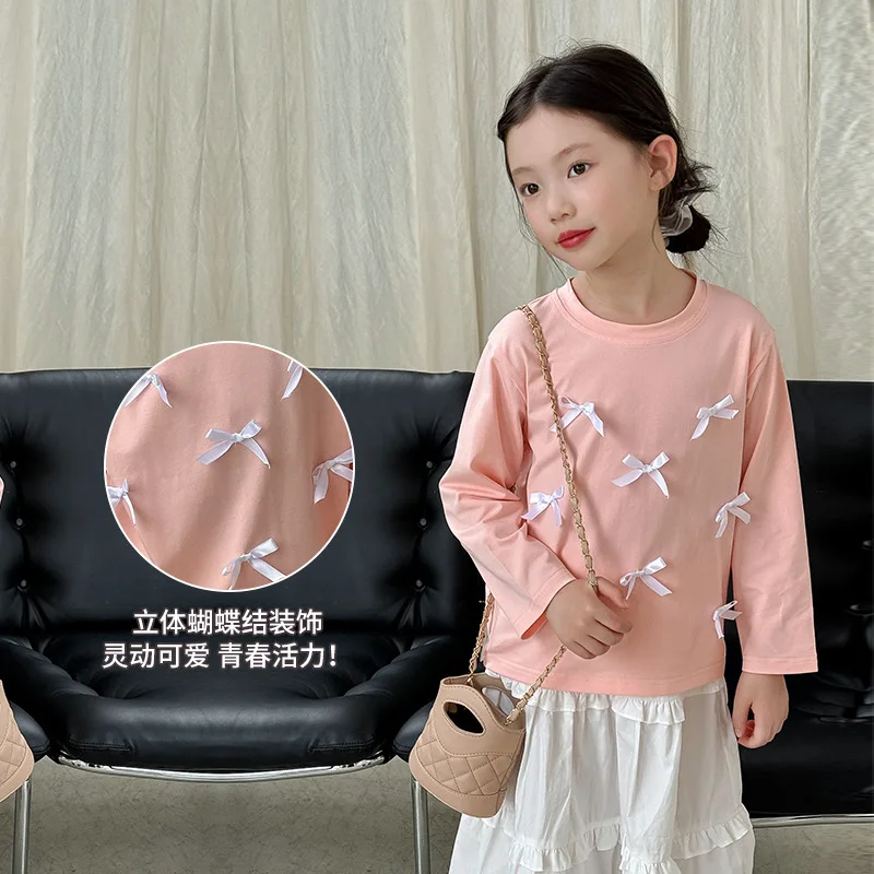 Baby Girls Long Sleeved T-shirt Kids Bow-knot Pullover Teens Top Tees 2024 Spring Autumn 3 To 12Yrs Children's Clothing Fashion