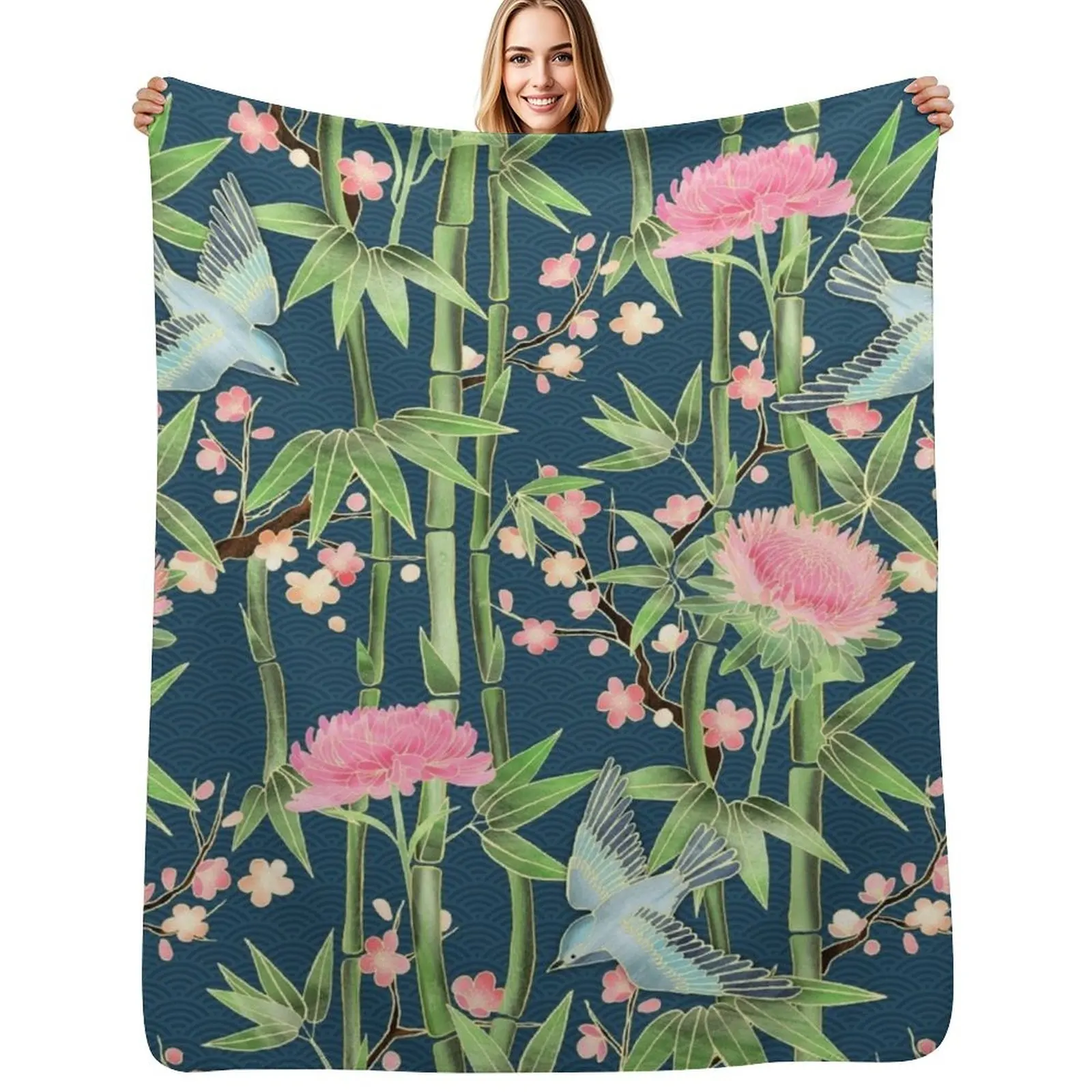 

Bamboo, Birds and Blossom - dark teal Throw Blanket Blankets For Bed Decoratives Loose for winter Blankets