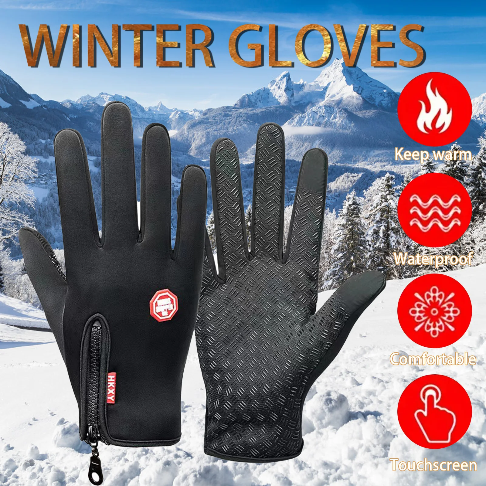 겨울 터치스크린 지퍼 장갑 방수 미끄럼 방지 따뜻한 방풍 야외 스포츠용 블랙 사이즈 S M L XL