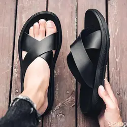 Italian Leather Slippers For Men 2022 New Hotel Beach Summer Shoes High Quality Big Size 47 Slip On Light Flats Male Flip Flops