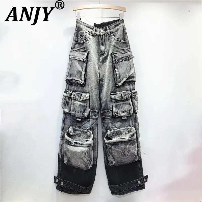 

ANJY Spring Autumn New Women Trendy Fashion Multi-Pocket Design Washed Gradient Cargo Denim Pants Loose Casual Chic Jeans A24253