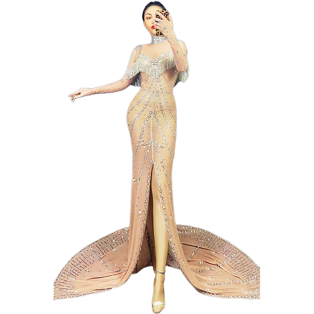 Shining Sequins Rhinestones Nude Tassel Women Sexy Split Long Dress Evening Party Club Clothing Stage Show Singer Costumes