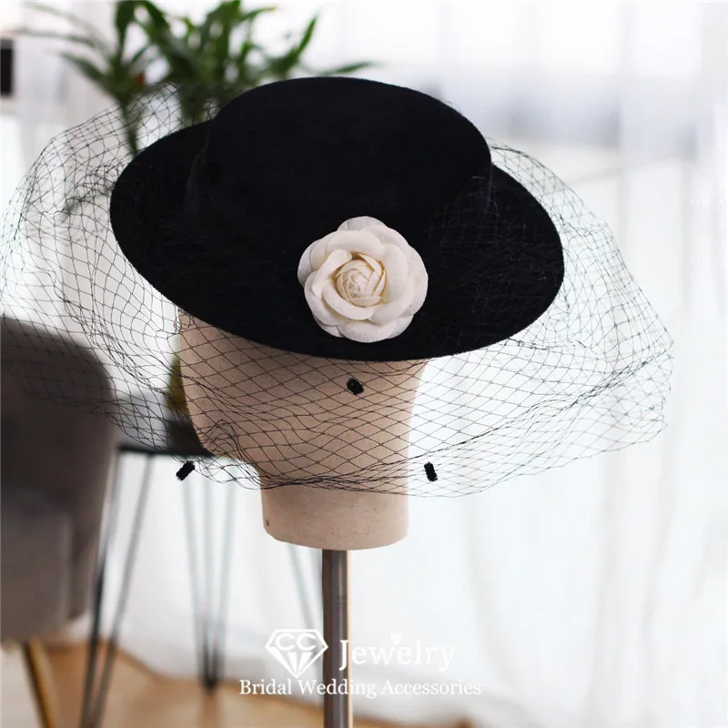 CC Black Color Hats for Women Wedding Hair Accessories Engagement Hairwear Bridal Headdress Elegant Camellia Cap With Veils M009