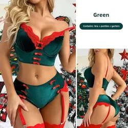 New Women's Christmas Lingerie Velvet Female Underwear Bowknot Lace Patchwork Intimate Luxury Festival Sexy Set Women 2 PCS Sets