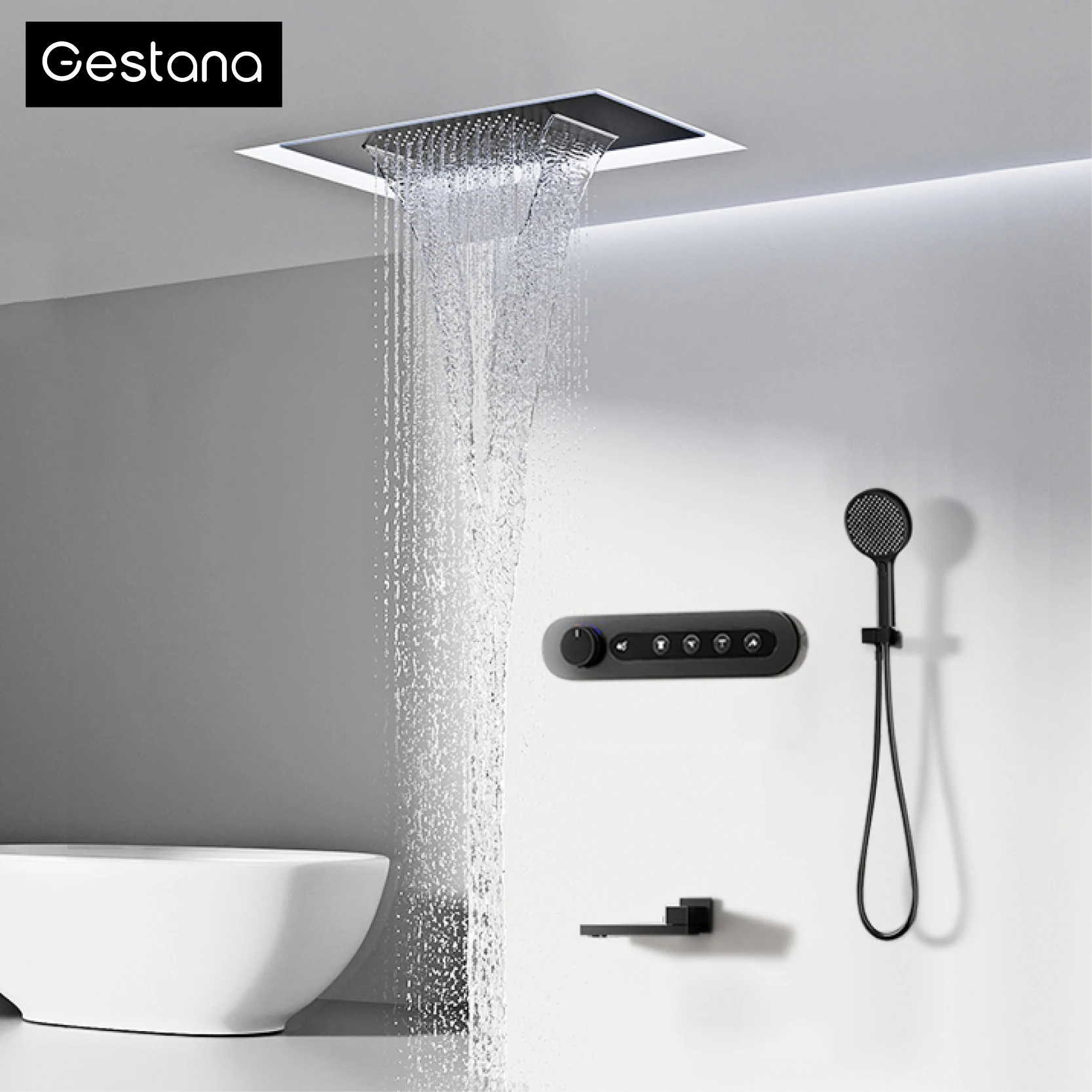 Luxury Matte Black Brass Thermostatic Shower System 4Spray Modes Ceiling- Mounted LED Digital Display Anti-Scald Bathroom Faucet