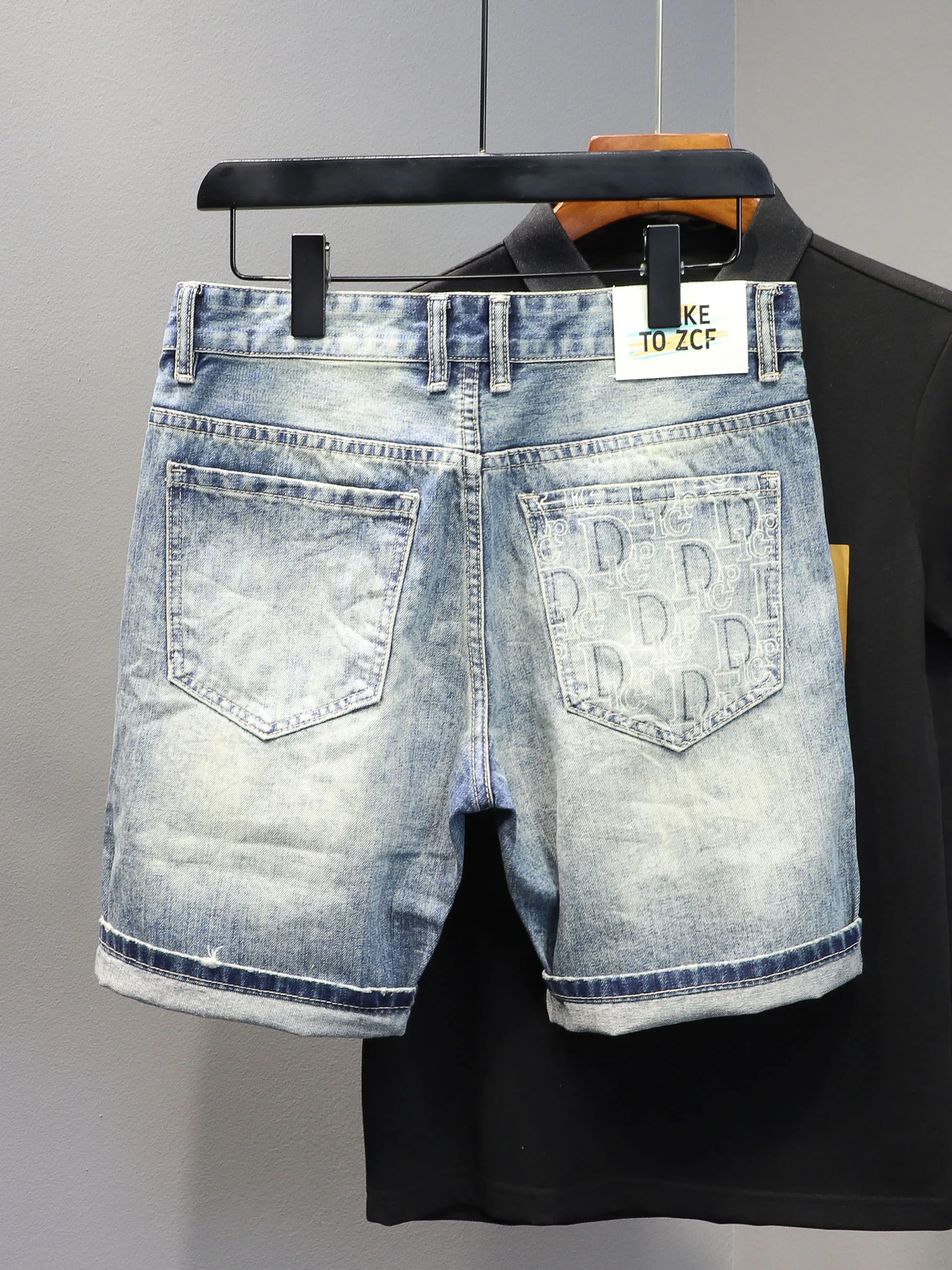 High-end printed denim shorts men's summer slim-fitting small foot non-elastic five-point pants trendy high street middle pants