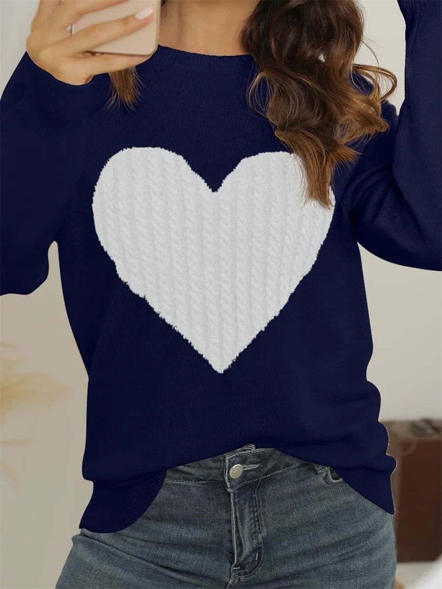 New Fashion Womens Valentines Day Knit Sweater Long Sleeve Round Neck Heart Print Knitwear S M L