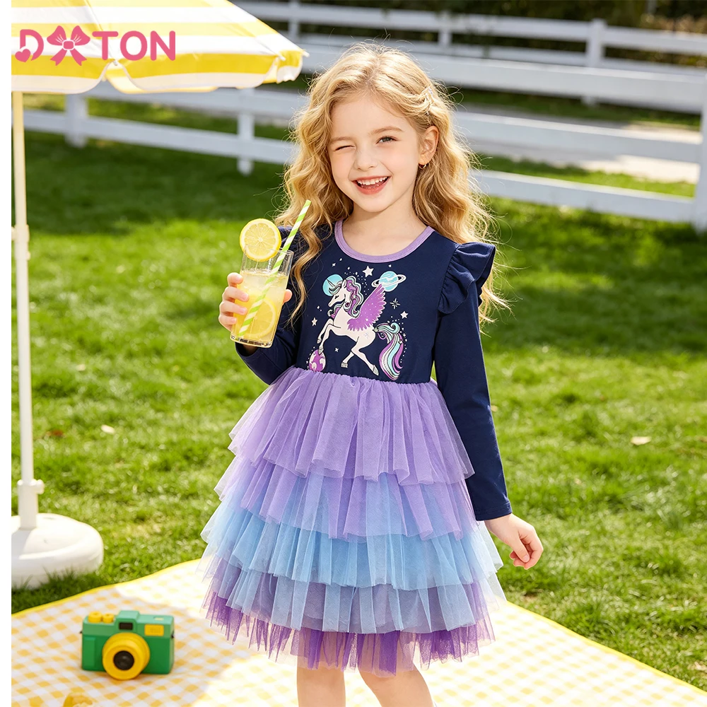 DXTON Princess Mesh Dress For Girls Unicorn Layered Mesh Cake Children Birthday Party Clothing Long Sleeve Autumn Baby Kid Dress