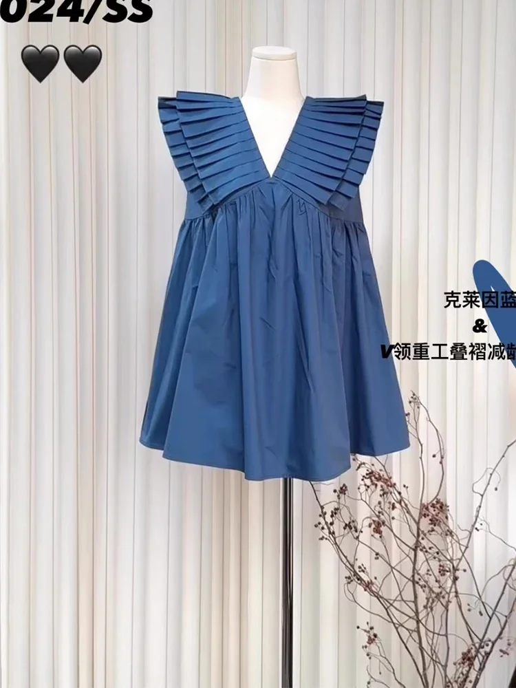 

Summer Women French Vintage Sleeveless Mini V-Neck Dress Cute Core Peter Pan Collar Frocks Design One-Piece 2000s Kawaii Mori