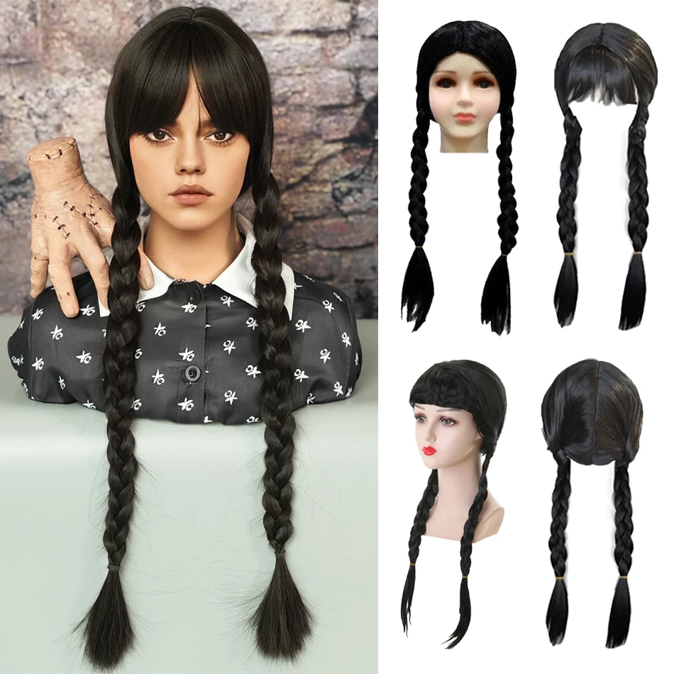 Kids Black Double Braid Flat Bangs for Girls Wednesday Role-playing Synthetic Wig Suitable for Parties Girl Wednesday Cosplay