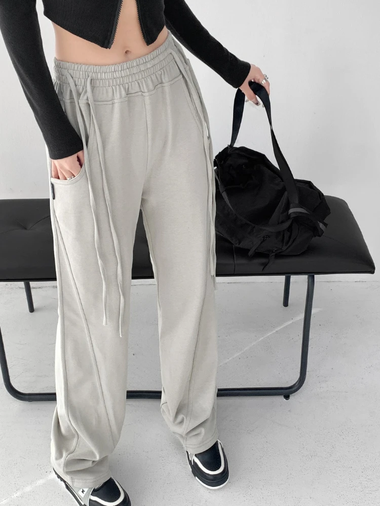 Women Wide Leg Pants Drawstring Elastic Waist Straight Leg Floor Length Diagonal Splice Casual Drape Long Sweatpants Trousers