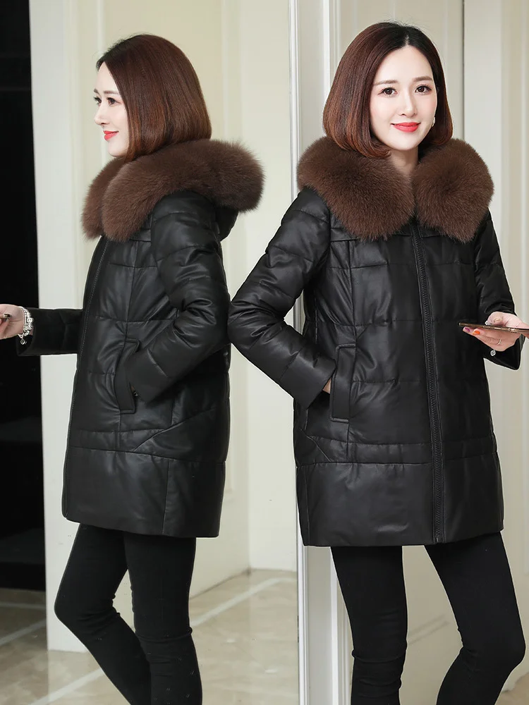 

2023 New Real Sheepskin Leather Jacket Women 90% White Duck Down Women's Winter Jackets Fox Fur Collar Hooded Coat Fem