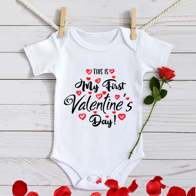 2022 Lovely My First Valentine's Day Print Baby Girl Clothes Newborn Infant Cotton Bodysuit White Casual Short Sleeve Romper