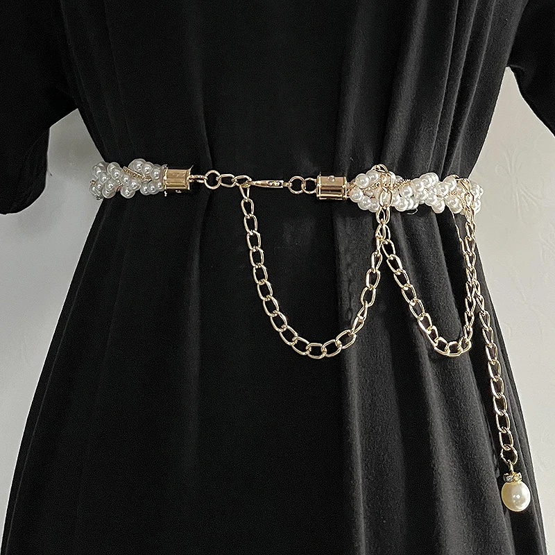 Women's Runway Fashion Pearl Knitted Chain Cummerbunds Female Dress Corsets Waistband Belts Decoration Narrow Belt TB619