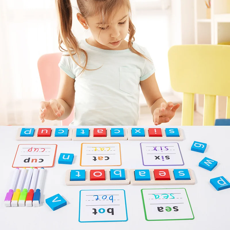 Early Learning Educational Puzzle Game for Kids CVC Letter Spelling Block Flash Cards Game English Words Montessori Wood Toy