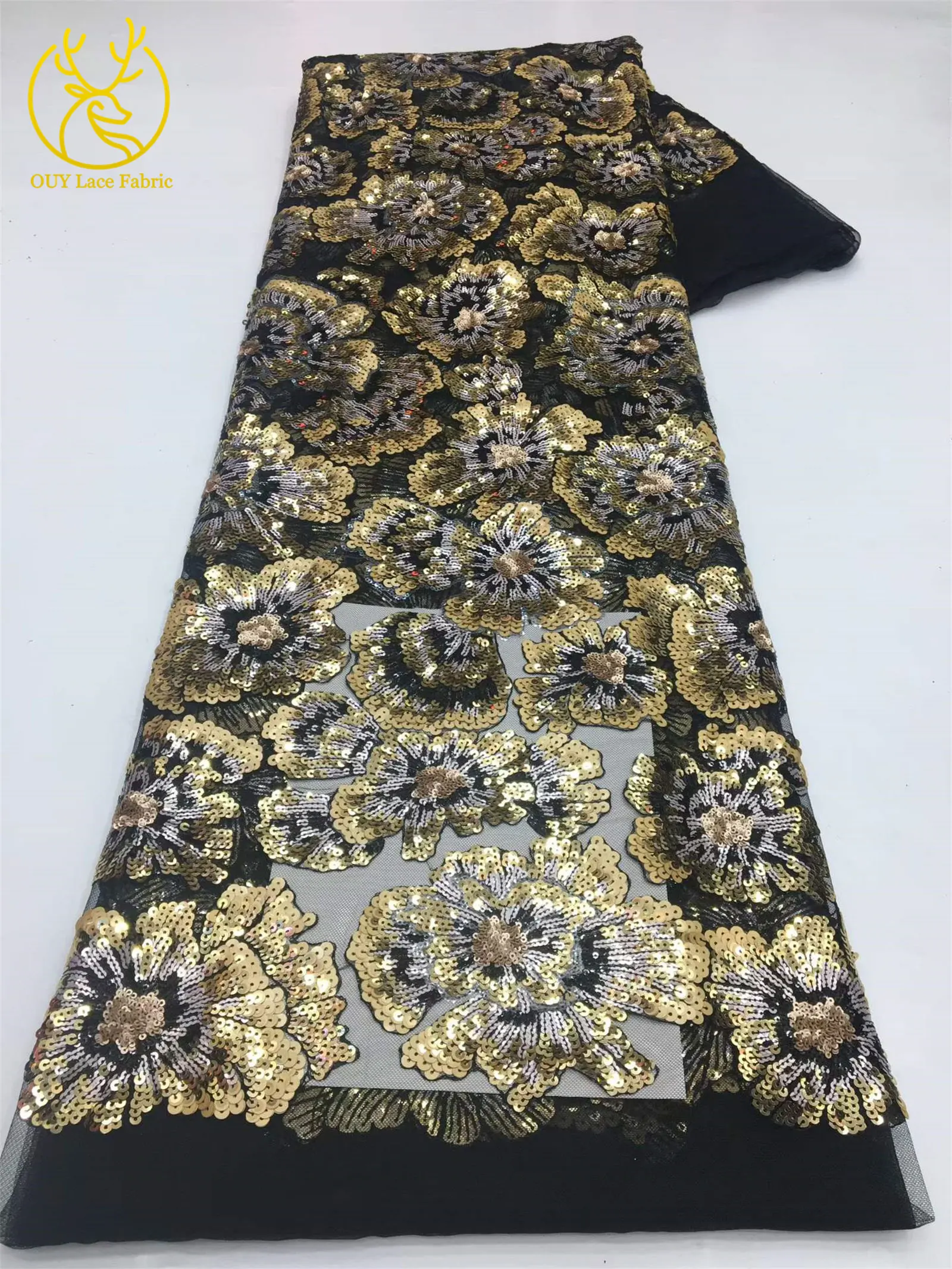 Afrikanischer Pailletten-Stickerei-Tüll-Spitzenstoff, französischer Pailletten-Perlen-Spitzenstoff, nigerianische Braut-Hochzeitsdekoration, zum Nähen, 5 Yards – Detail 19