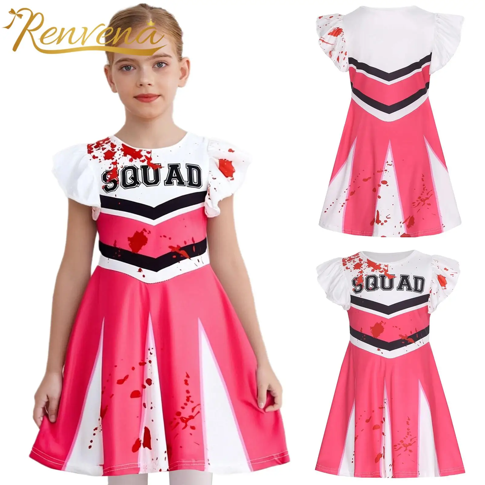 Kids Girls Blood Dress Cheerlead Costume Halloween Horror Zombie Costume Carnival Fancy Dress Scary Cosplay Themed Party Outfit