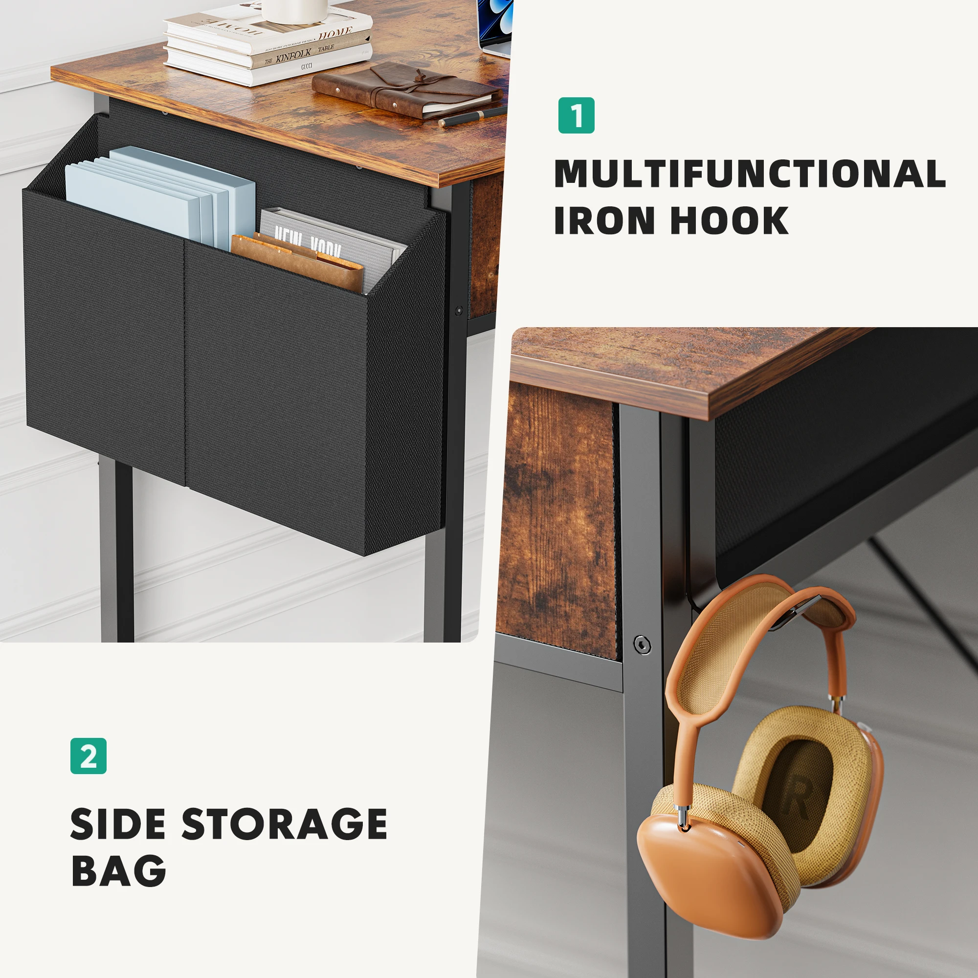#¥forJHK Modern Office Computer Desk 32 Inch with Fabric Storage Drawers Space Side Bag Metal Frame