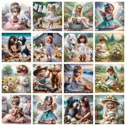 AZQSD Diamond Painting Girl Dog Portrait Mosaic Rhinestones Pictures Embroidery Sale Seaside Home Decor Cross Stitch Kits