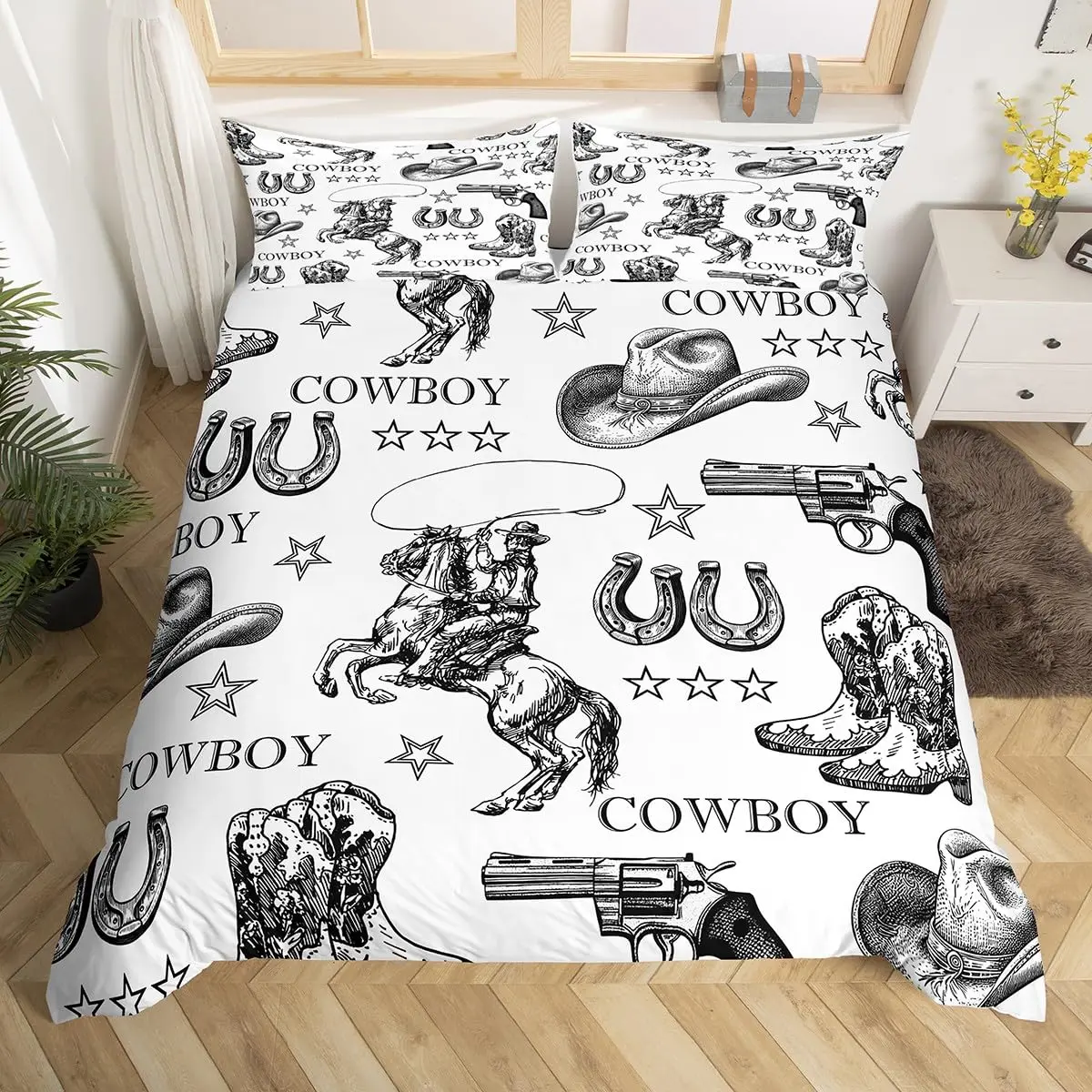 Western Cowboy Duvet Cover Set Twin Size,Horseshoe Stars Cowboy Hat Pattern Comforter Cover Rustic Vintage Southwest Bedding Set