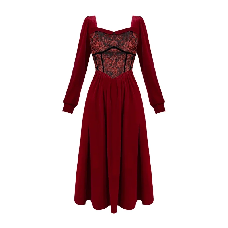 Spring Fall Women Square Collar Rose Floral Pattern Patchwork Wine Red Long Velvet Dress , Woman Autumn Vintage Velour Dresses