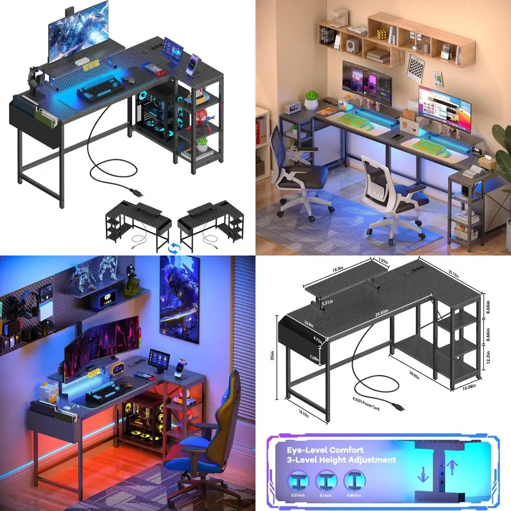 LED-Illuminated L-Shaped Gaming Desk with Adjustable Monitor Stand, Power Outlet, and Storage for 40-inch Reversible Computer De