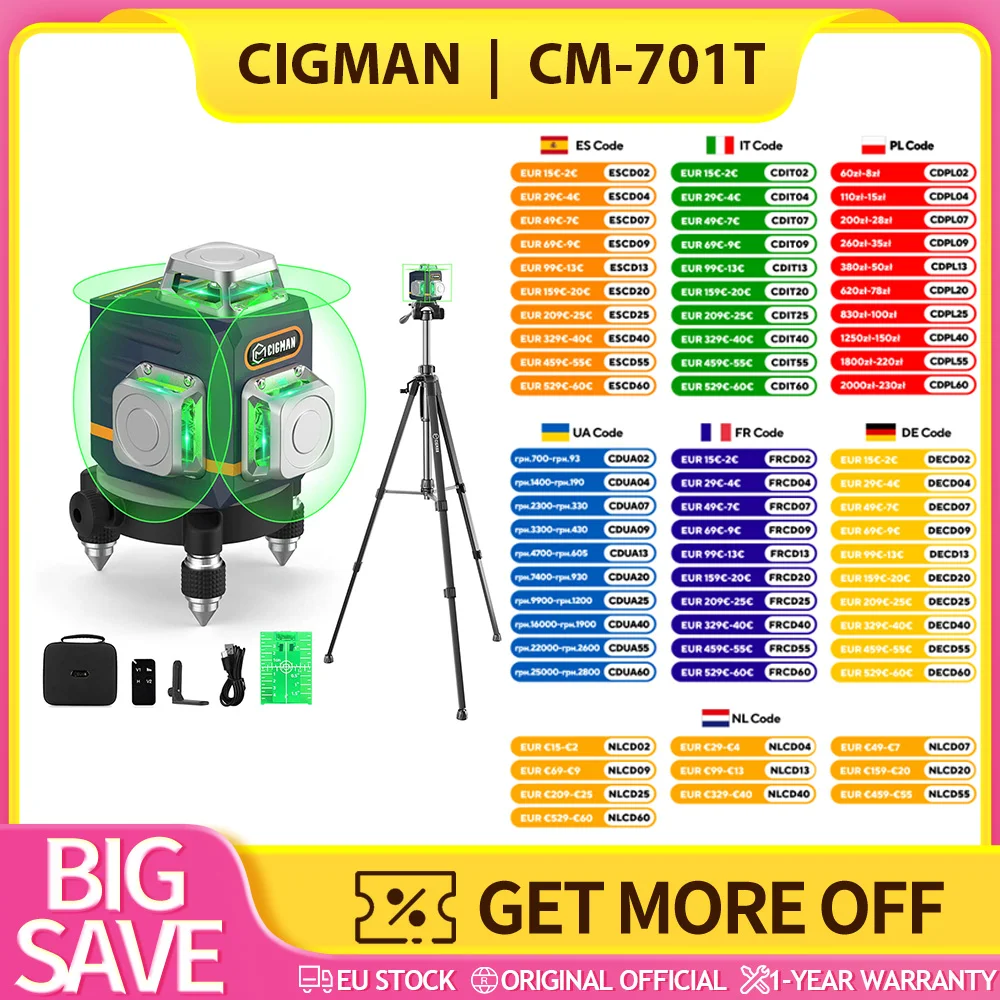 CIGMAN CM-701T 3x360 ° Livella Laser con Treppiede da 1,5m, Telecomando, Autolivellante, Batteria da 4000mAh, Alta Visibilità, Ricaricabile, Modalità Manuale, Precisione di Livellamento ±1,5mm/5m,