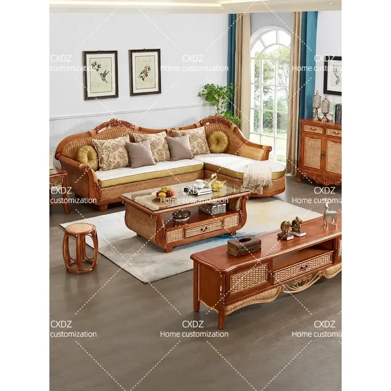Jade Rattan Real Rattan Corner Sofa Living Room L Shape Solid Wood Furniture