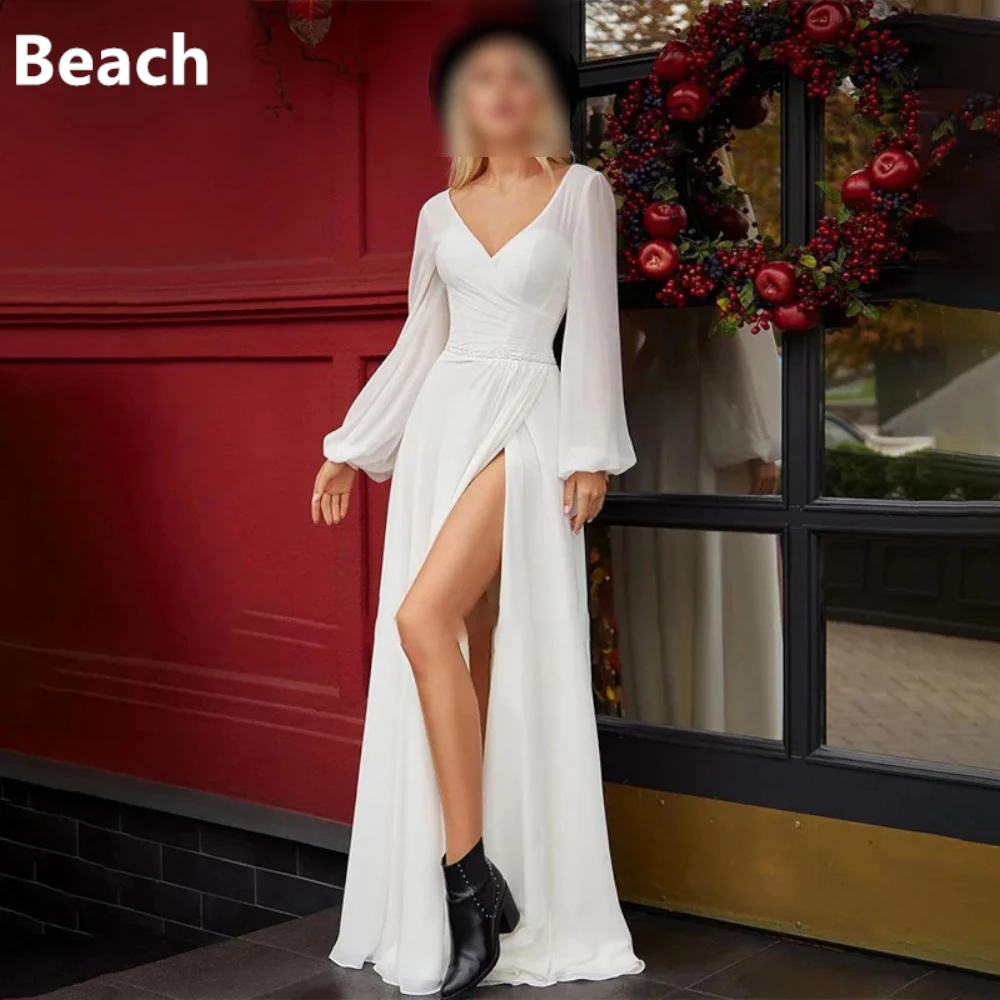 

Beach Customized Modest V-Neck A-Line Wedding Dresses Long Puff Sleeves Chiffon Bridal Gowns Robe De Mariee Front Silt Charming