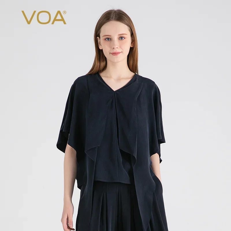(Fans Exclusive Discount) VOA Heavyweight Silk V-Neck Raglan Short Sleeve Loose Tops Navy Silk T-shirt Women Clothing BE1503