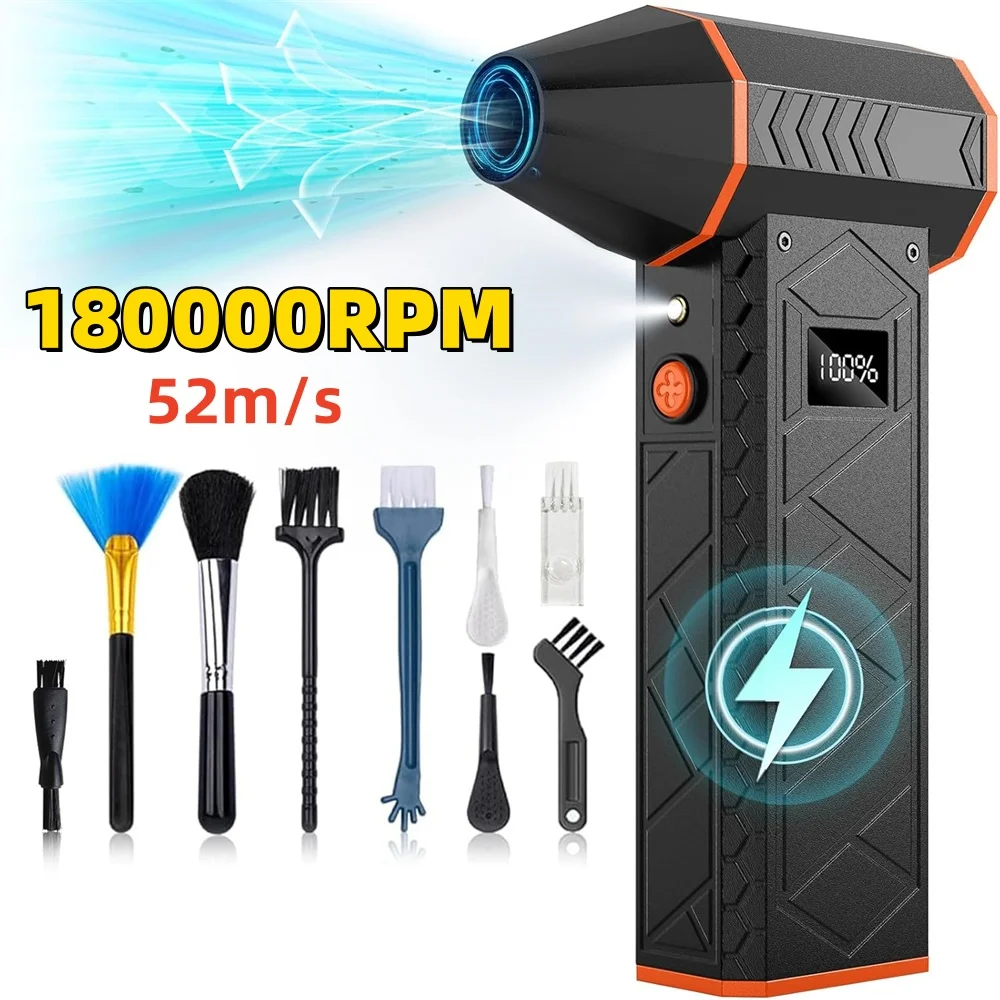 Air blower 180000RPM Turbo Jet Fan Brushless Motor Handheld Duct Fan 52M/S Portable Turbo Fan Type-C Charging with LED Light Dry