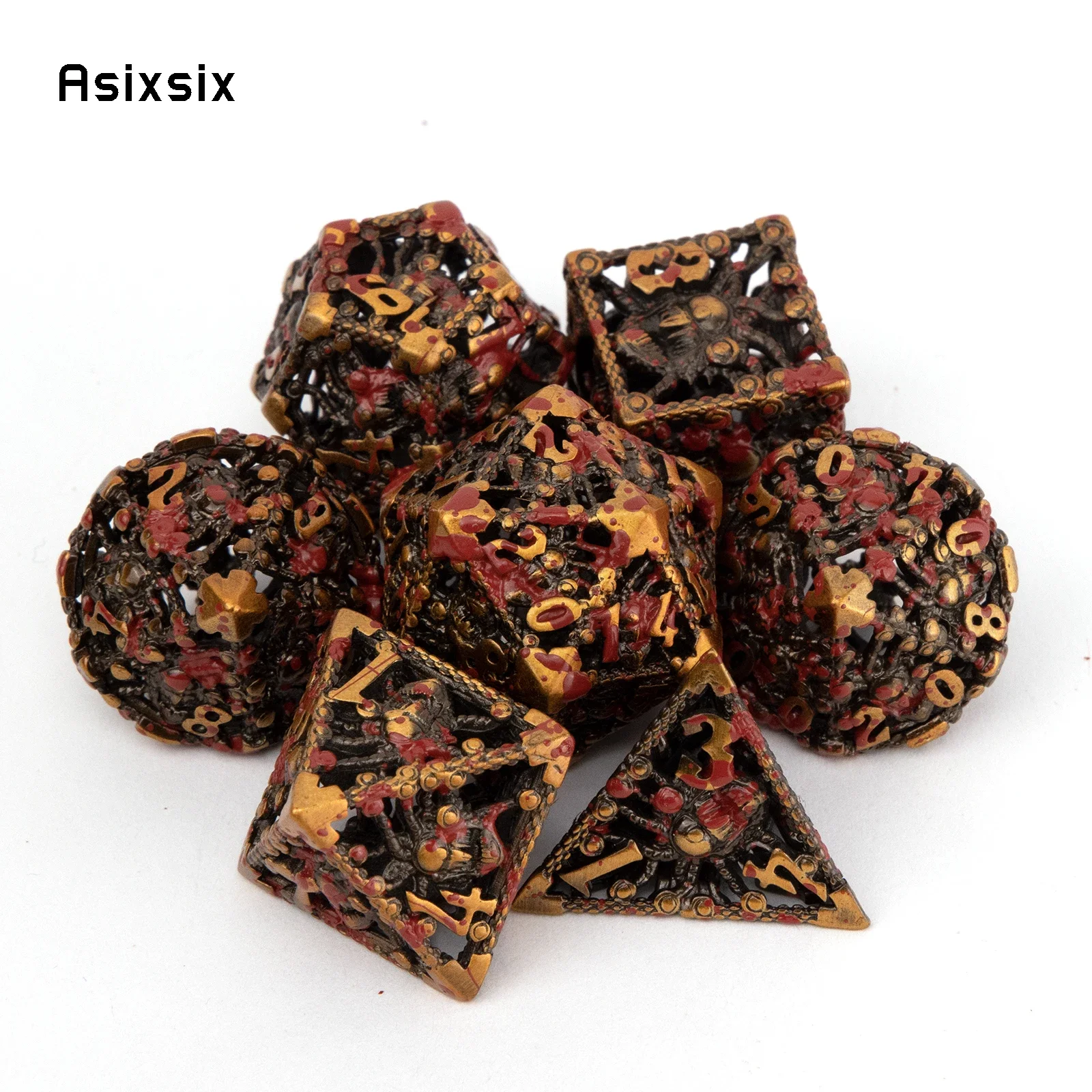 

7 Pcs Copper Red Octopus Metal Dice Hollow Metal Polyhedral Dice Set Suitable for Role-Playing RPG Board Game Card Game