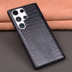 Genuine Leather S View Flip Phone Cover Cases For Samsung Galaxy S23 S22 Ultra Crocodile Texture Window Display Smart Case