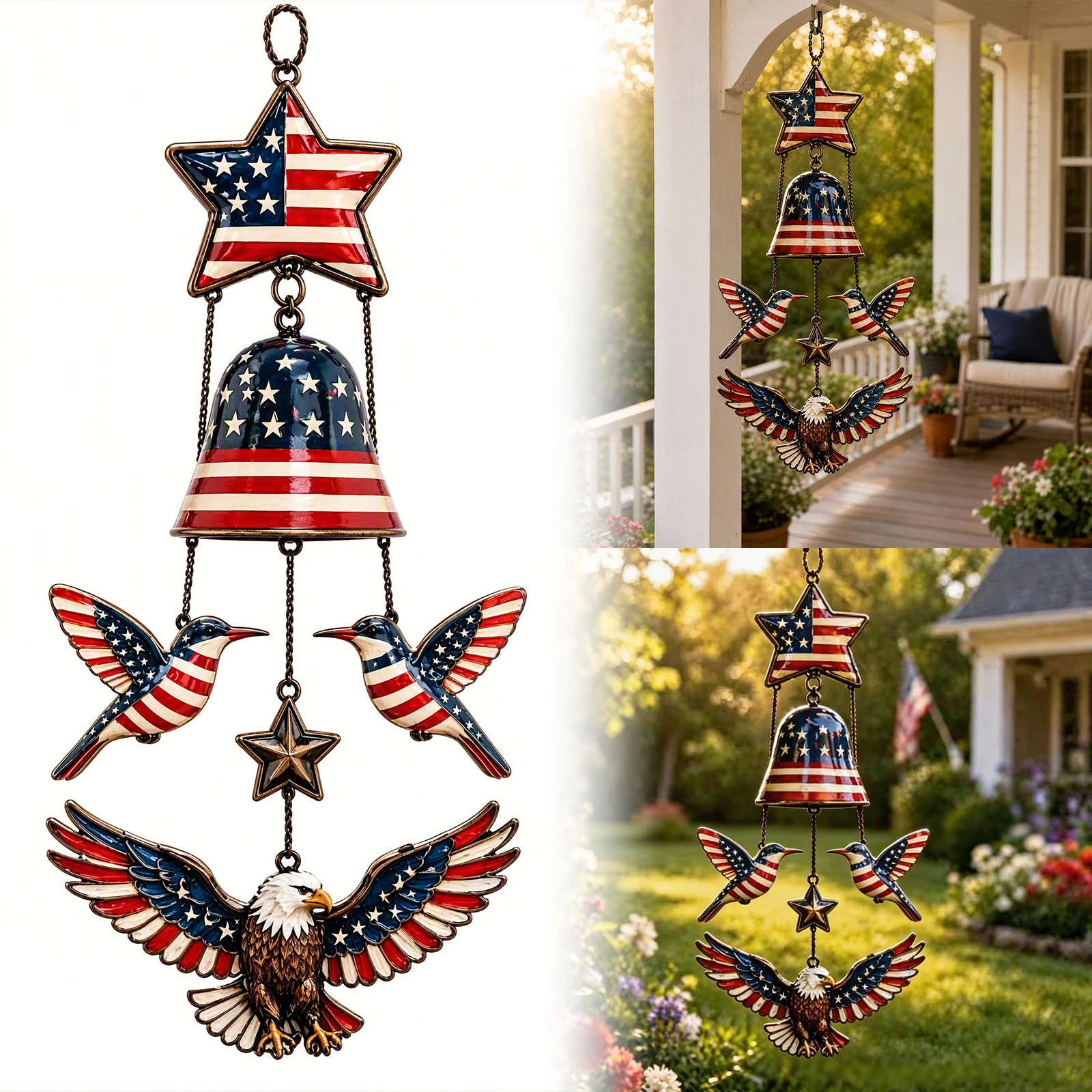 250th Anniversary Patriotic Wind Chime American Flag Bald Eagle Outdoor Porch Garden Hanging Decor Liberty