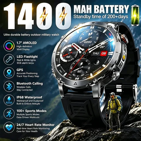 Brand+TANK Ultra 1400mAh Big Battery Smart Watch Men GPS Path Sport Flashlight BT Call Waterproof Outdoor Military Smartwatches