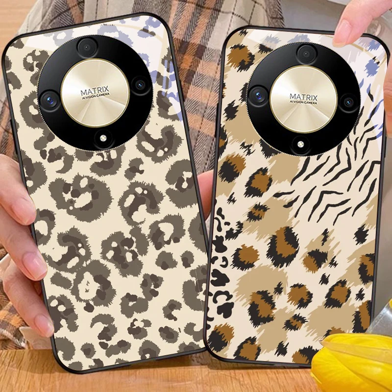 Green leopard print For Honor Magic 6 50 70 90 5 Lite X7b 200 Pro nova 10 Nova 5T X6 P30 Pura 70 Ultra glass phone case