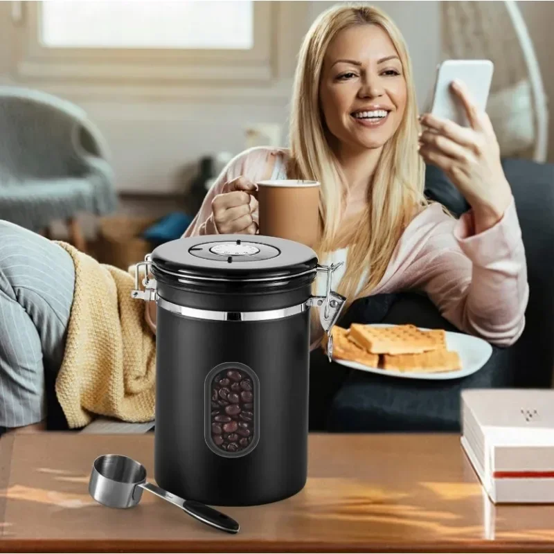 Stainless Steel Coffee Sealed Can Coffee Bean Storage Can with Date Tracker and Clear Window One Way Exhaust Preservate Cafe Use