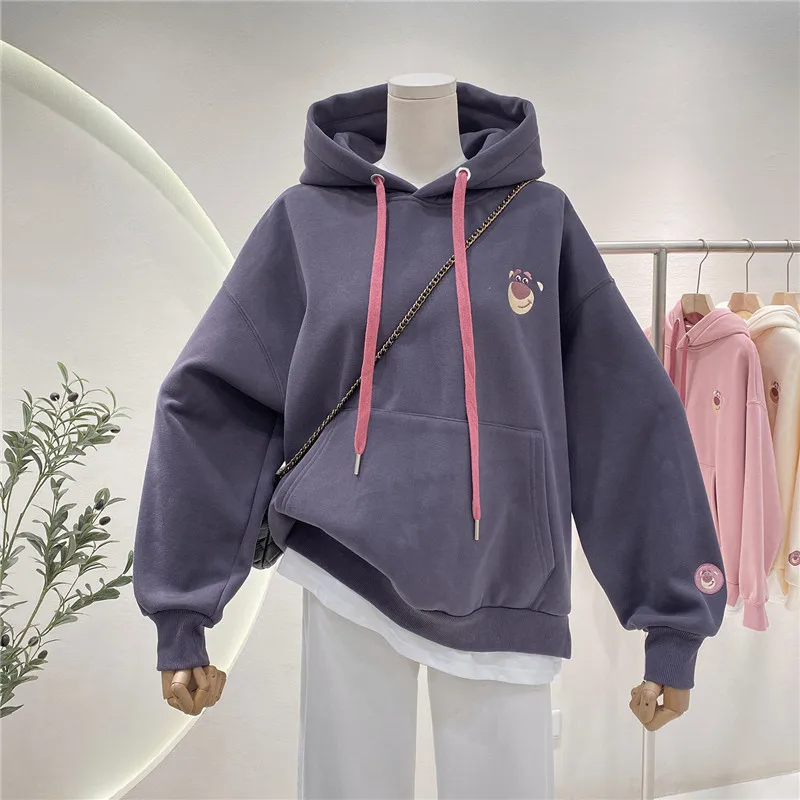 Sweat à capuche grande taille pour femme, décontracté, doublé, broderie d'ours, coupe ample, vêtements d'extérieur pour l'automne et l'hiver, faux deux pièces...