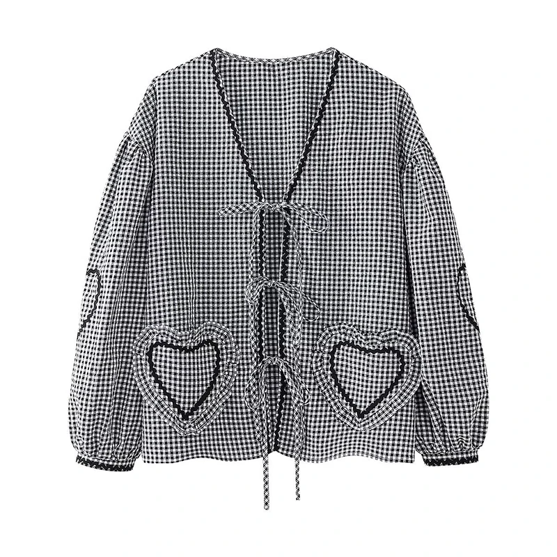 Women Lovely Heart Pockets Shirts Fashion Casual Loose V Neck Bow Buttons Blouses Plaid Love Heart Ribbon Female Chic Tops