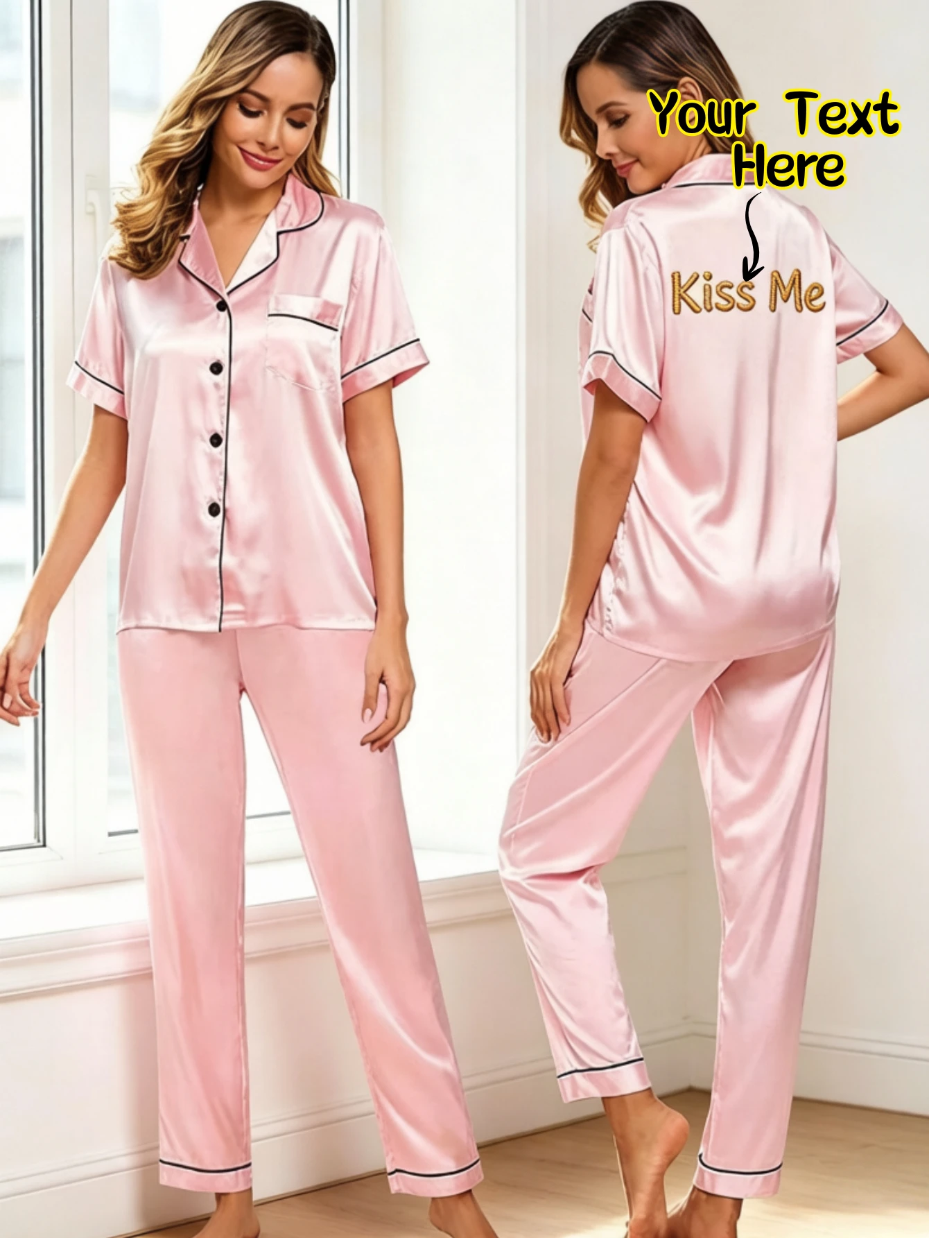 Custom Name Embroidery Ladies Satin Pajama Set Silky Short Sleeve Long Pants Sleepwear  Personalized Gift Anniversary Festival