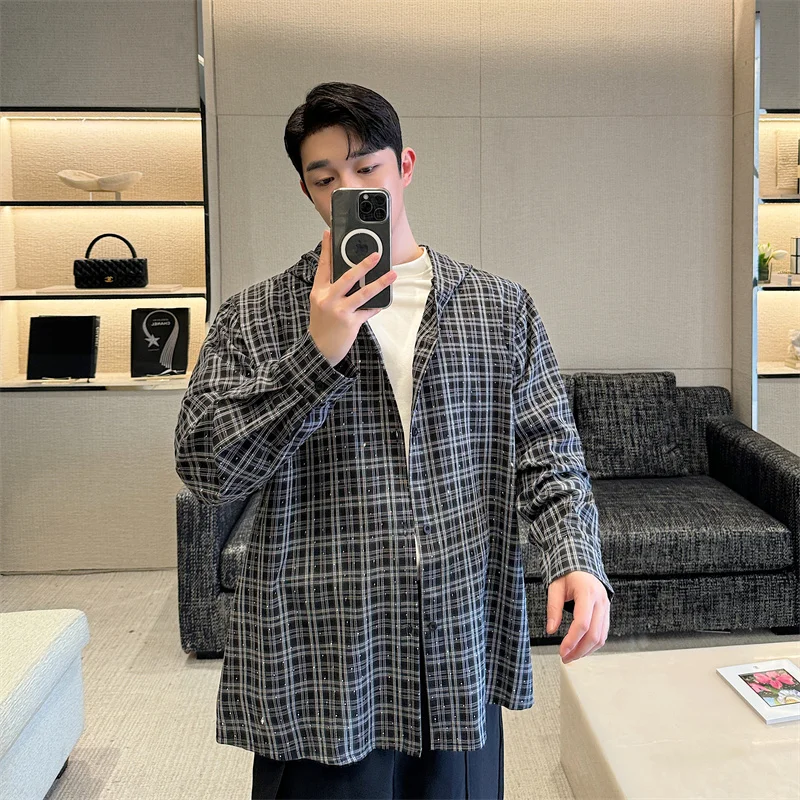 SYUHGFA Fashion Plaid Male Hooded Shirt Hot Drilling Jacket Turn-down Collar Korean Style Men's Top Casual Loose 2024 Autumn