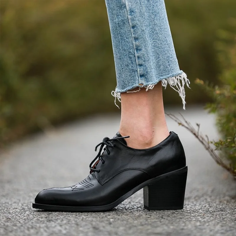 

Thick Sqaure Heel Women Pumps British Style Shoes WomanRound Toe Cowhide Lace-Up Shoes On Heel Spring Autum Ladies Pumps