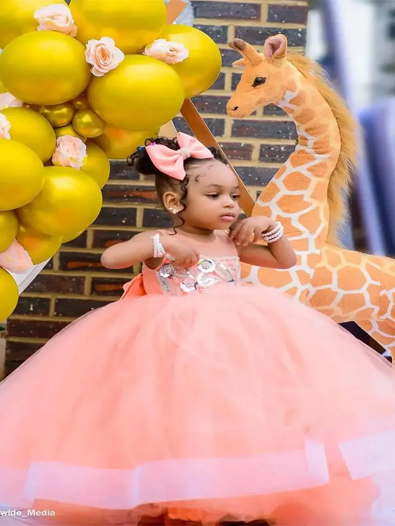 Vestidos personalizados para meninas, pêssego, rosa, flor, para casamento, crianças, festa de aniversário, frisado, gola joia, tule, vestidos de baile para crianças