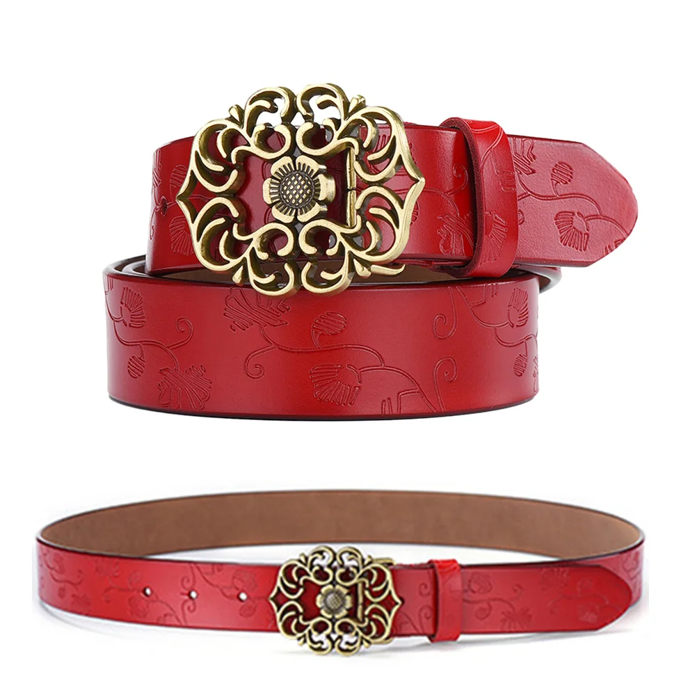 

Vintage Women 110Cm Wide Debossed Flower Pattern Classic Women Debossed Belt Waist Belt Flower Shape Buckle Red