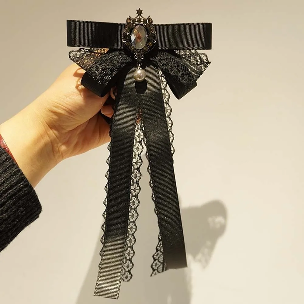 Rhinestone Pearls Tie Black Brooch Hand-beaded Lace Necktie Academic Style Tassels Decoration Shirt Tie JK Uniform Decoration