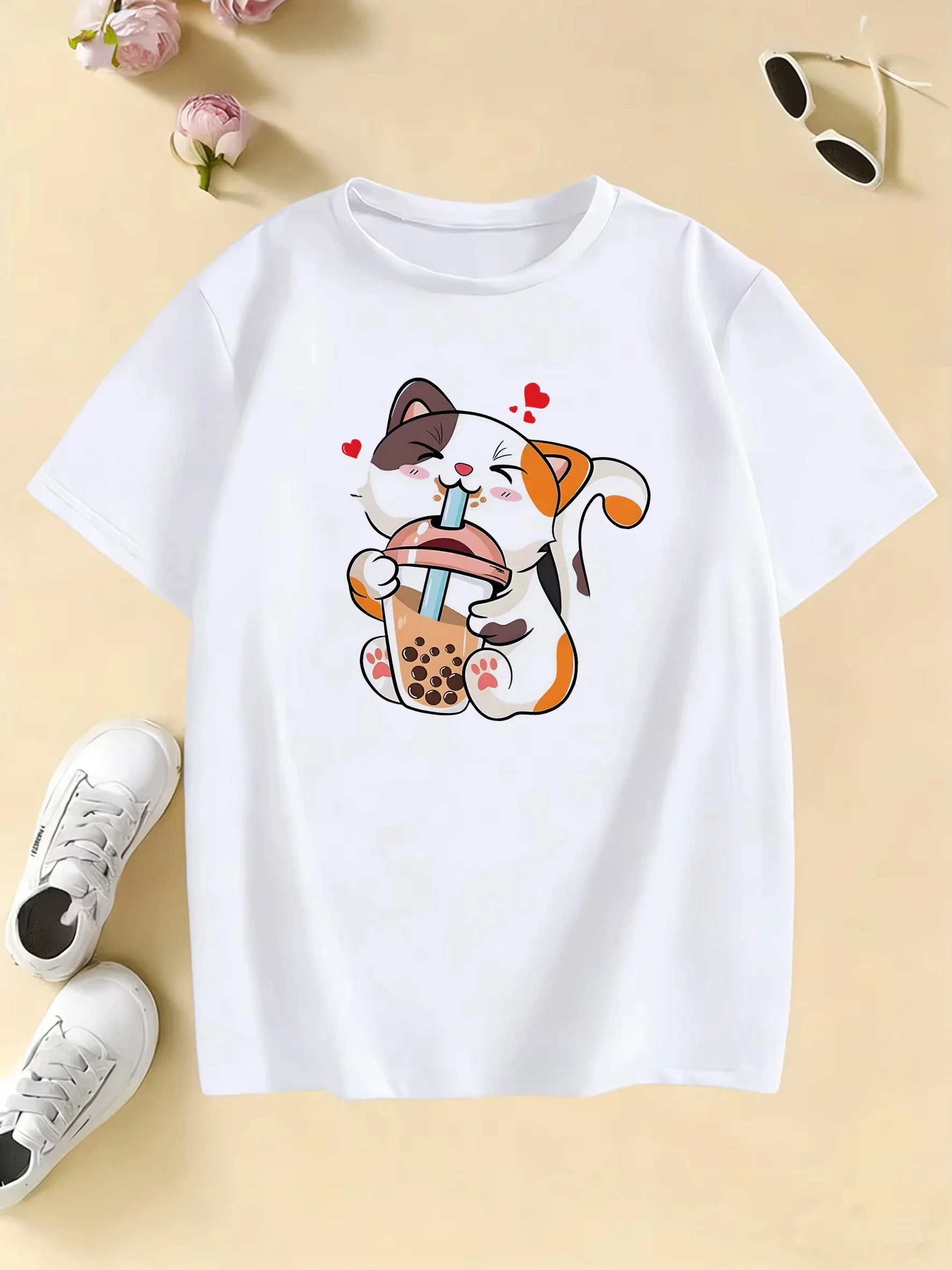 Womens Daily Casual Tee Cute Kitten Drinking Pearl Milk Tea Cartoon Print Crew Neck Short Sleeve Fashion Tshirt