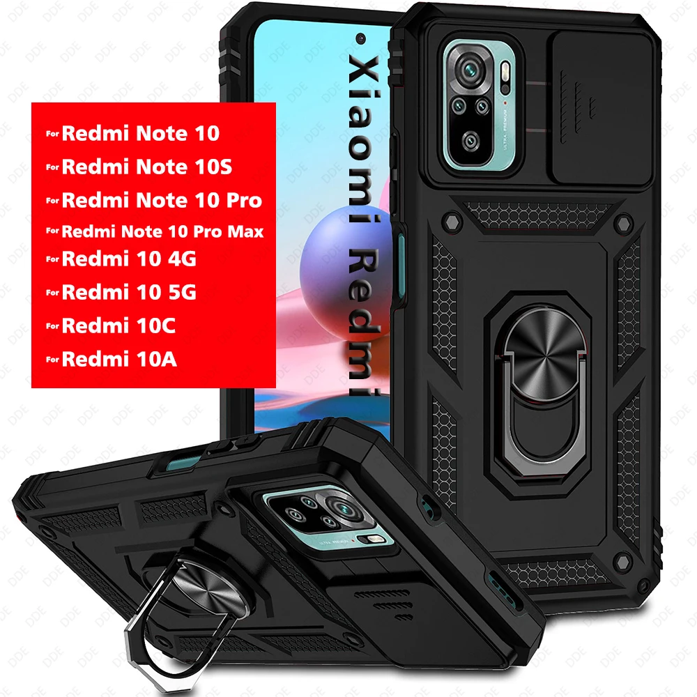 Shockproof Armor Ring Stand Cover For Xiaomi Redmi Note 10S 10 Pro Max 5G Case Slide Lens Protect Fundas For Redmi 10 10A 10C