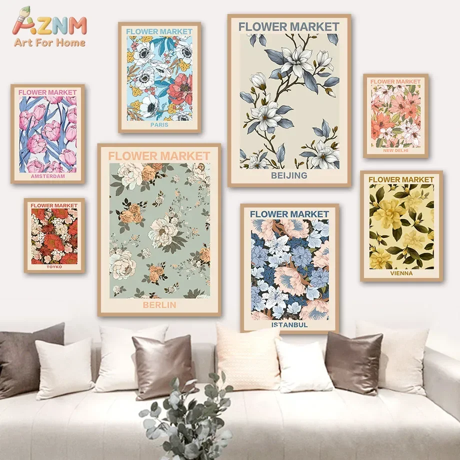 AZNM Flower Market Canvas Wall Art Vintage Floral City Poster Print Paris Berlin Beijing Vienna Amsterdam Tokyo New Delhi Istanb